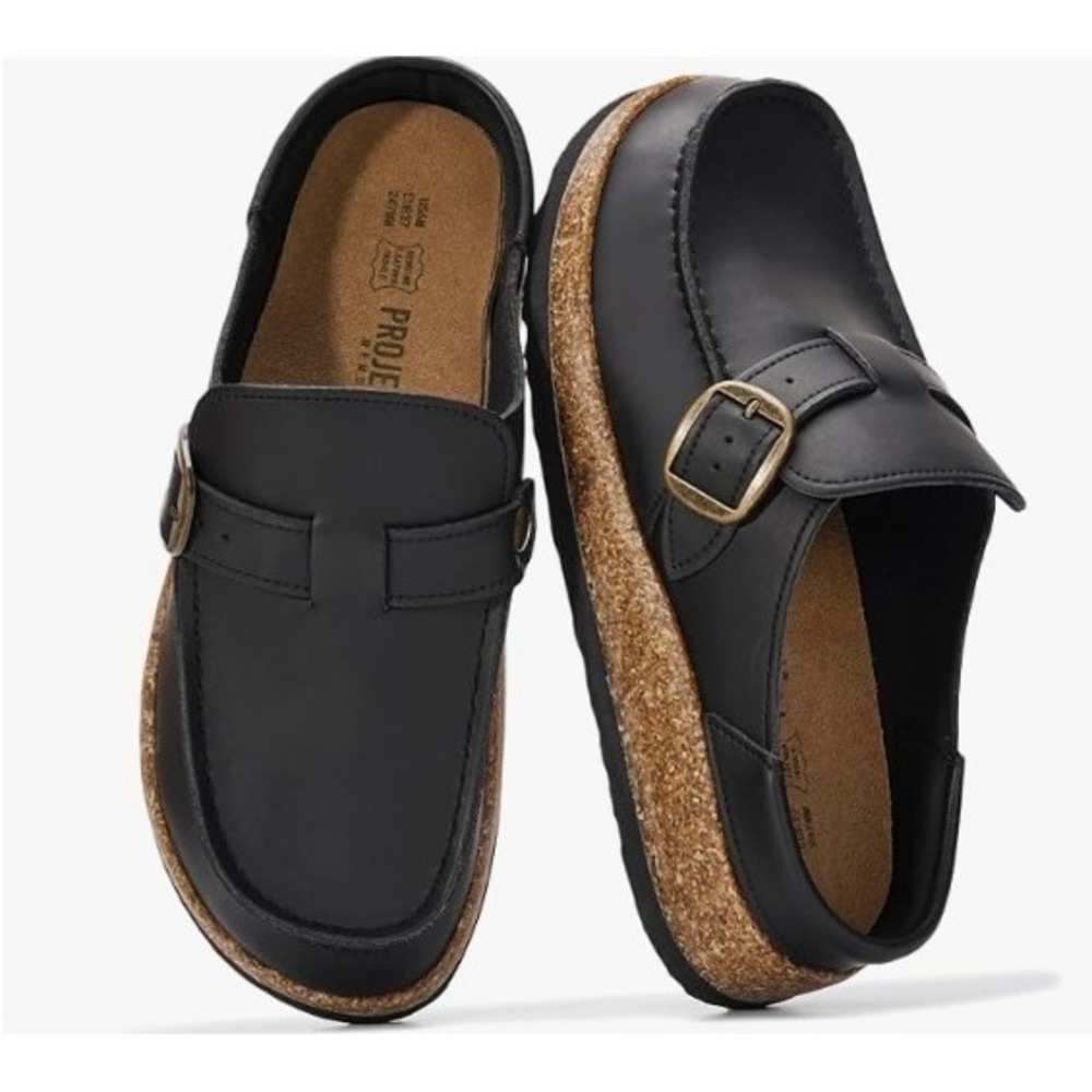Project Cloud Womens Black Leather Carline Buckle Slip On Mules Size 7